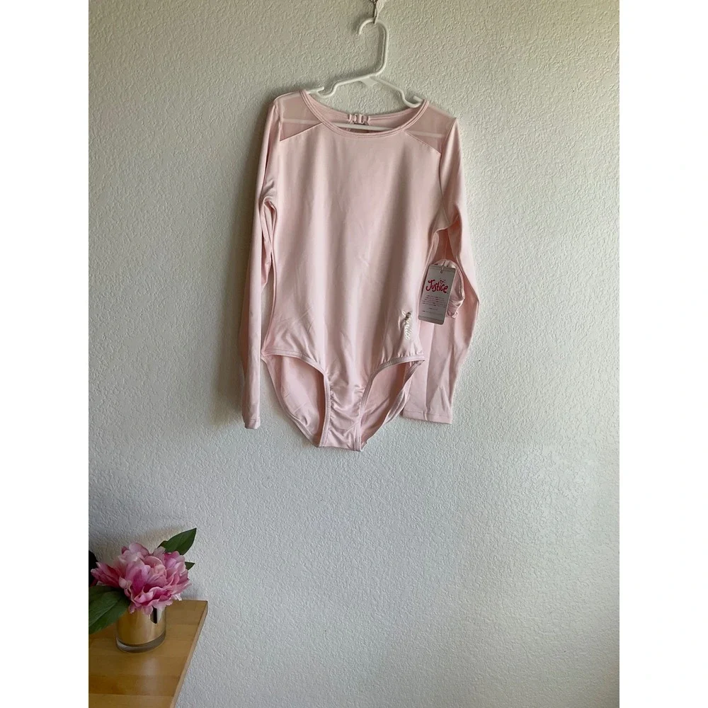 Justice Girls Pink Long Sleeve Mesh Leotard Keyhole Back‎  Gymnastics XL 16/18